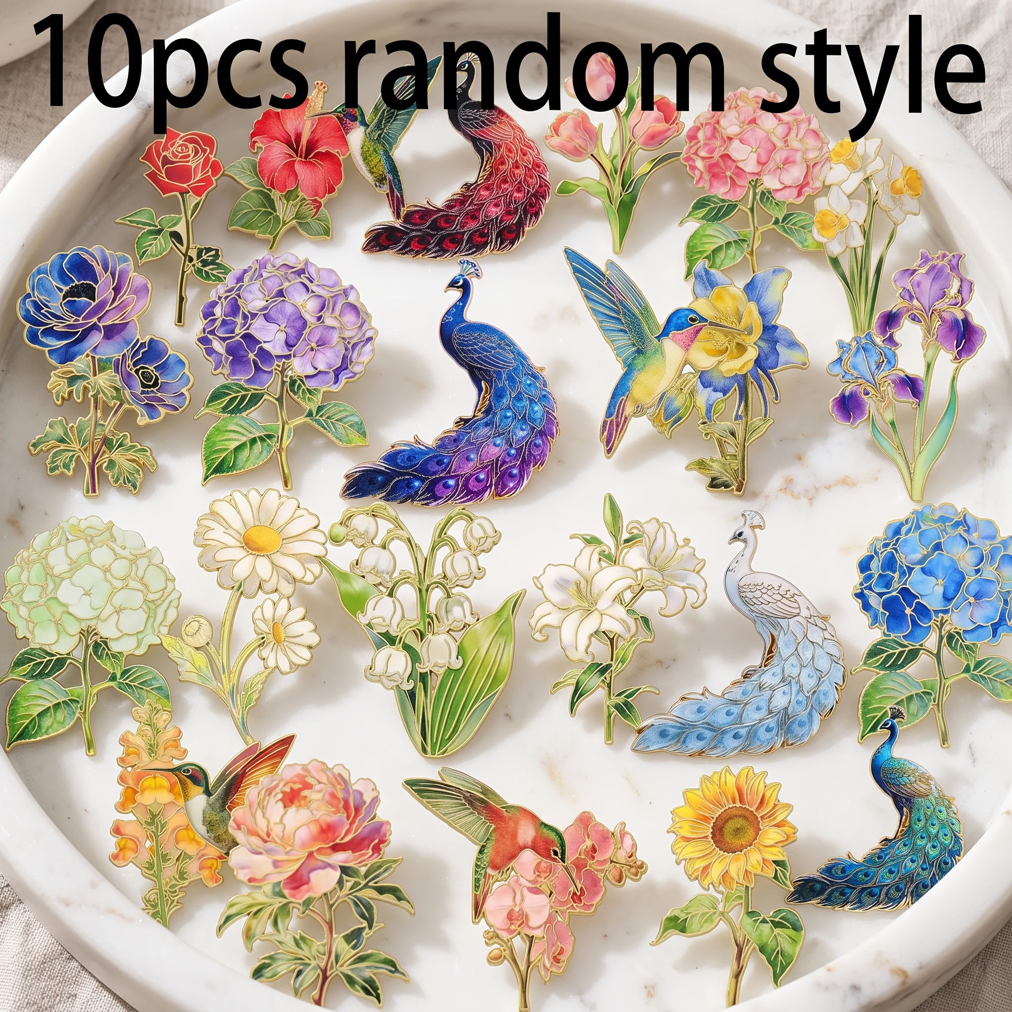TEMU 10pcs Random Styles Of Flowers Such As , Roses, Sunflowers With Peacock And Hummingbird Badges, Suitable For Denim Jackets, Canvas Bags, Hats,