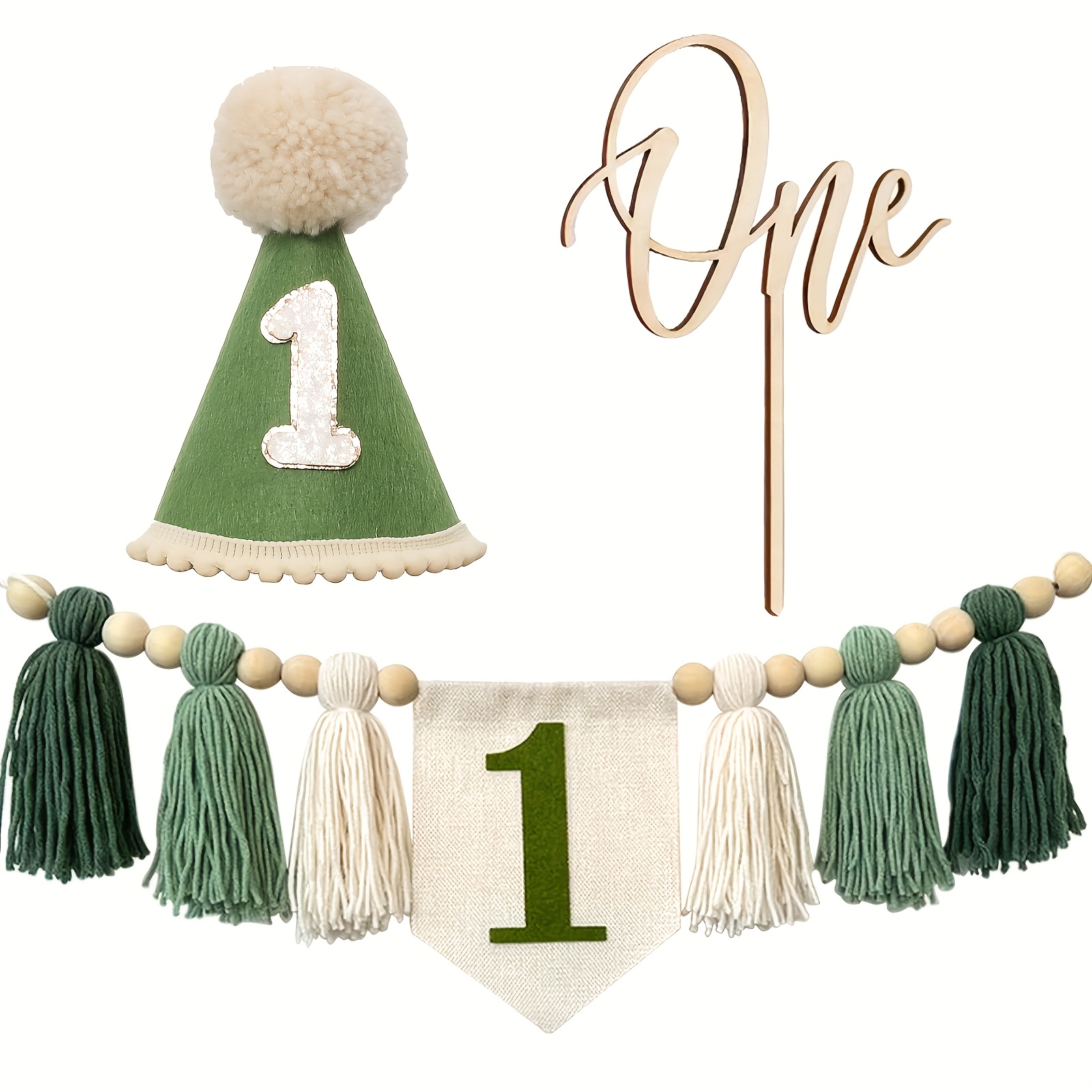 

3pcs Handmade First Birthday Party Set - Green & , Hat, And Cake Topper - 's First Birthday Celebration And Room Decor