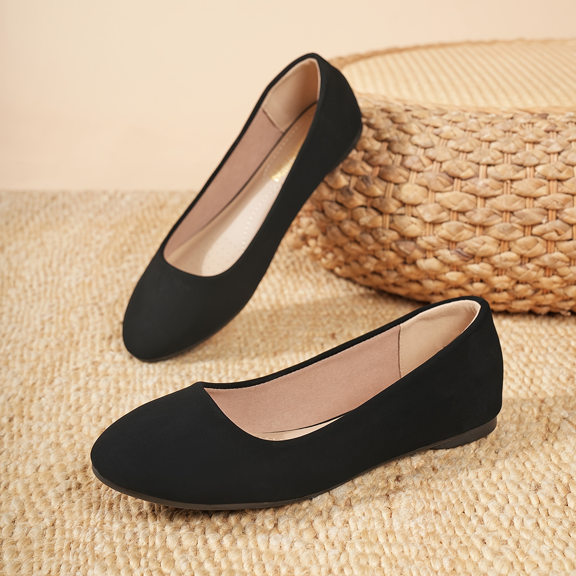1 pair   womens ballerina flats solid color slip on round toe leather walking shoes with rubber insole and tpr sole for  