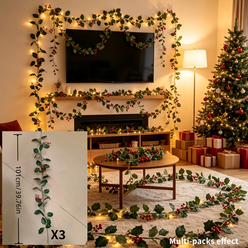 TEMU 3pcs High-end Luxury Artificial Christmas Outdoor Garland Decorations - With Holly Vine - Leaves And Red Berries, Christmas Home Decor, Suitable