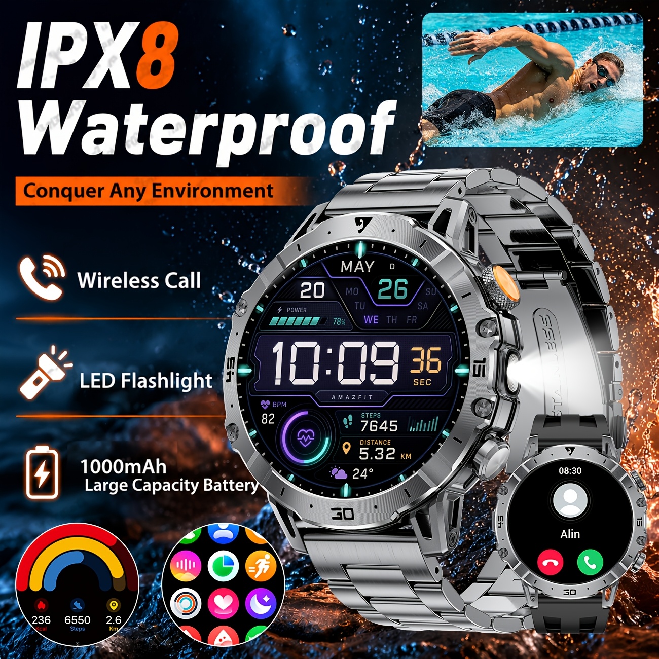 Watch, 1.7-inch Smartwatch With 1000 Mah Wireless Calling Led Flashlight 100 Ipx8 Waterproof Sleep Monitoring Men's Watch For Iphone