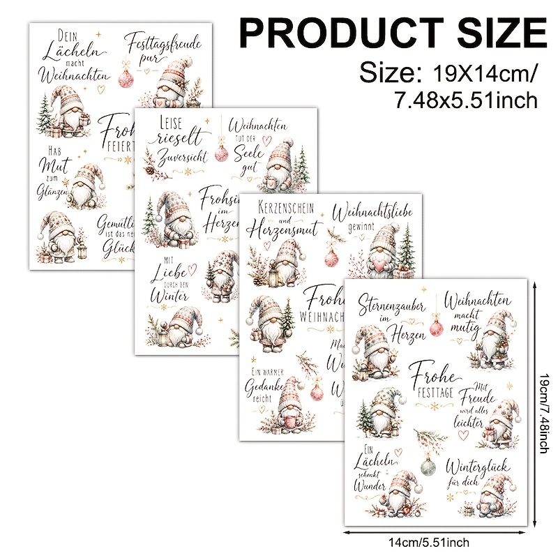 TEMU 4pcs, Watercolor German Christmas Gnome Pattern, Uv Dtf Waterproof And Scratch-resistant Vinyl Material, Suitable For Diy Crafts, Cups, Bottles,