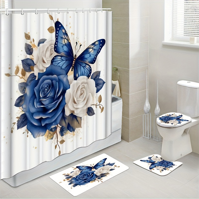 

1/4pcs Floral Bathroom Set, Polyester Fabric Waterproof Shower Curtain With 12 Hooks, Non-slip Toilet Seat Cover, Bath Mat And Pedestal Rug, ,