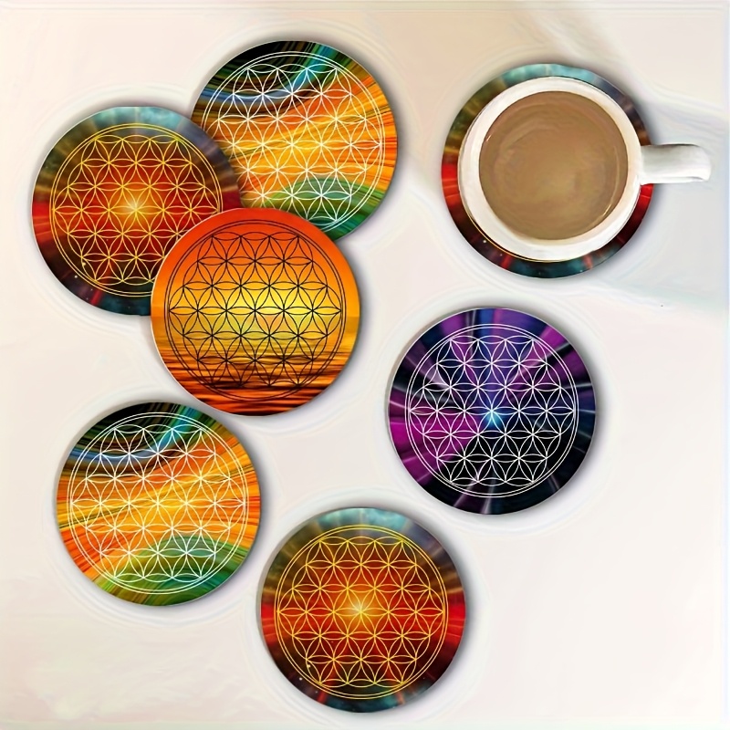 6-pack Wooden Flower Of Life Art Coasters, 2d Design Suitable For Patio Table, Kitchen, Living Room, Coffee Shop - Non-slip Heat Resistant Easy-to-clean Coasters Are For