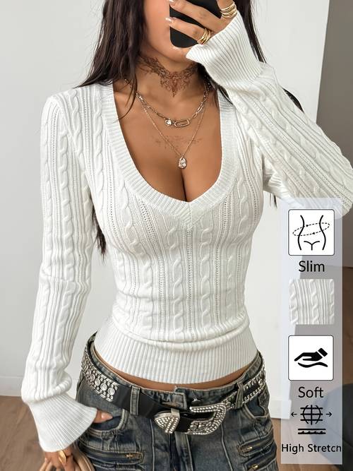 elegant directional womens spring and summer new ribbed v neck long sleeved elegant casual fashion top