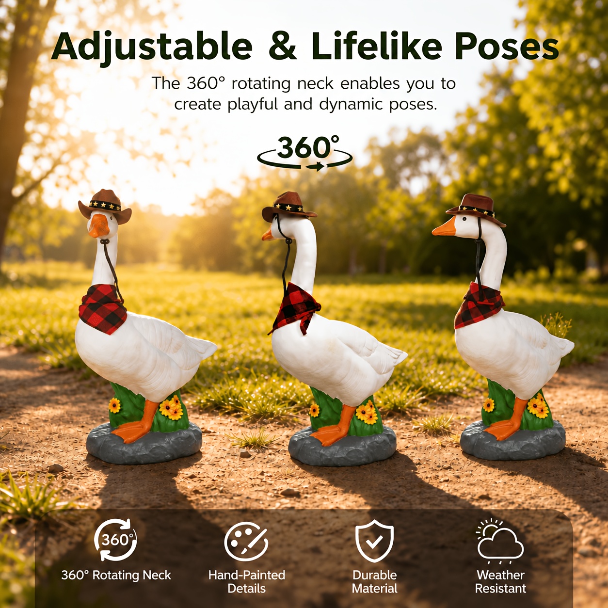 TEMU Large 23 Inch Outdoor Porch Goose Statue With 360° Adjustable Detachable Head, Realistic Garden Goose Sculpture With Removable Cowboy Hat, Plaid