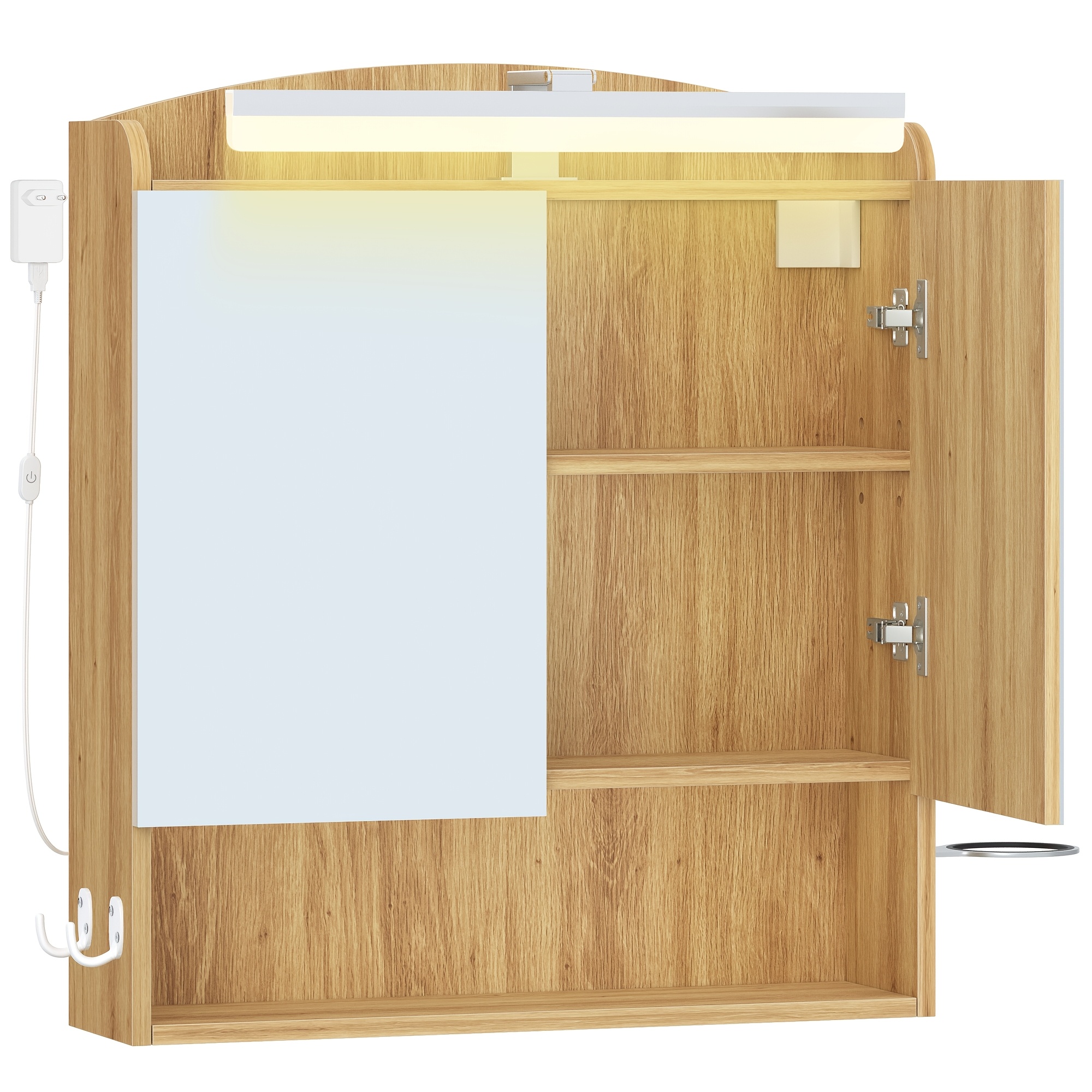Medicine Cabinet, Bathroom Mirror Cabinet With Lighting, Bathroom Vanity With Mirror, Wall Cabinet, Hair Dryer Holder And Hooks, With Socket, Adjustable Shelves, Light Oak Color, 16.5 X 60 X 68.5cm