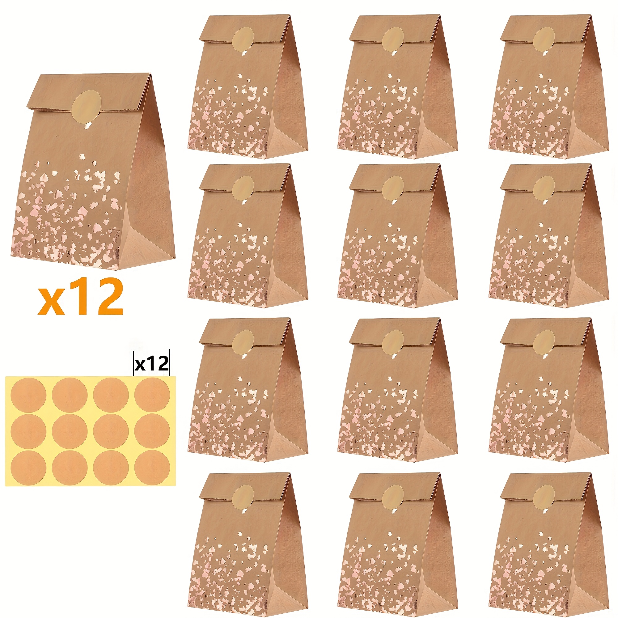 Image of 24pcs Rose Paper Gift Bags, Candy Gift Paper Bags, Heart Pattern Gift Bags, With 12 Stickers - Suitable For Valentine's Day, Weddings, Birthdays, And Celebrations, Christmas Gift Bags