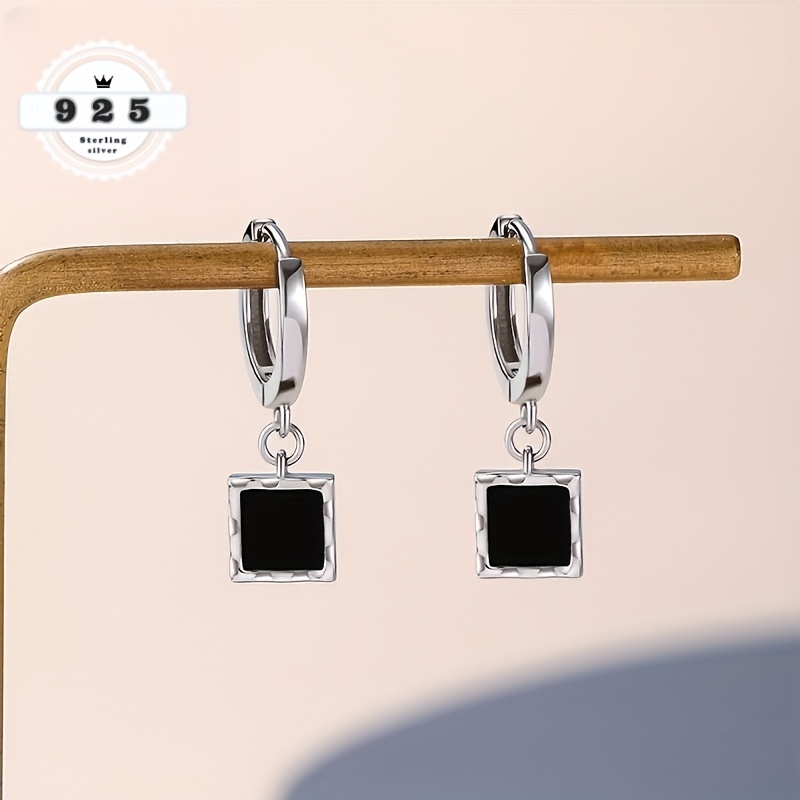 TEMU Boucles d'oreilles carrées noires en argent sterling 925, création , bijoux à tempérament intellectuel, adaptées pour polyvalents du , , les
