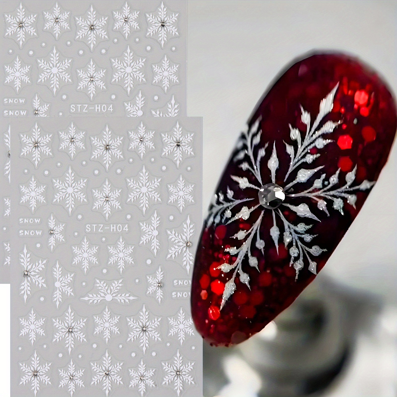 Image of 2pcs White Snowflake Winter Nail Stickers With Rhinestones Nail Charms 5d Embossed Snow Nail Decals New Year Nail Supplies Diy Nail Art Decorations