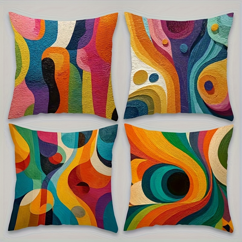 TEMU 2d Flat - 4pcs Abstract Style Pillowcases, Multi-colored Curve Geometric Shapes Artistic Texture Elements Presentation, Suitable For Sofa,