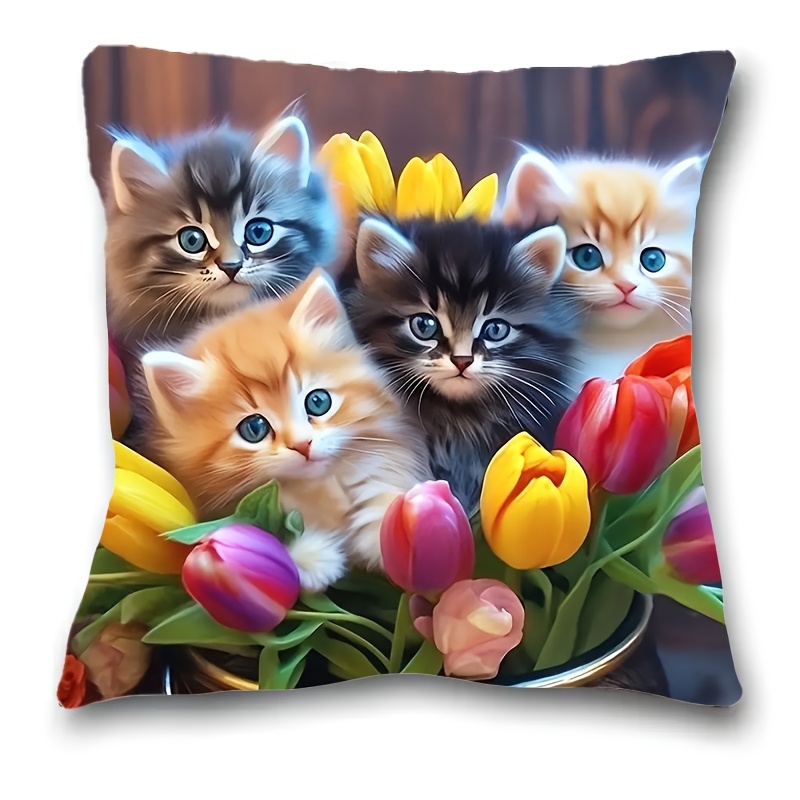 TEMU 1pc Cute Kitten & Tulip Printed Cushion Cover, 18x18 Inches, Contemporary Style, Polyester, Machine Washable, Zipper Closure, Decorative Throw