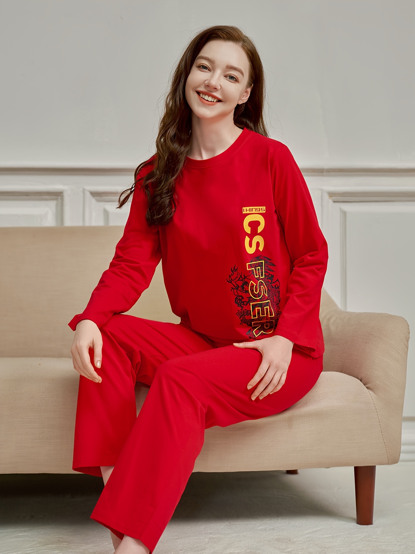 Slogan Print Fleece Pajama Set Round Neck Long Sleeve Top - Temu