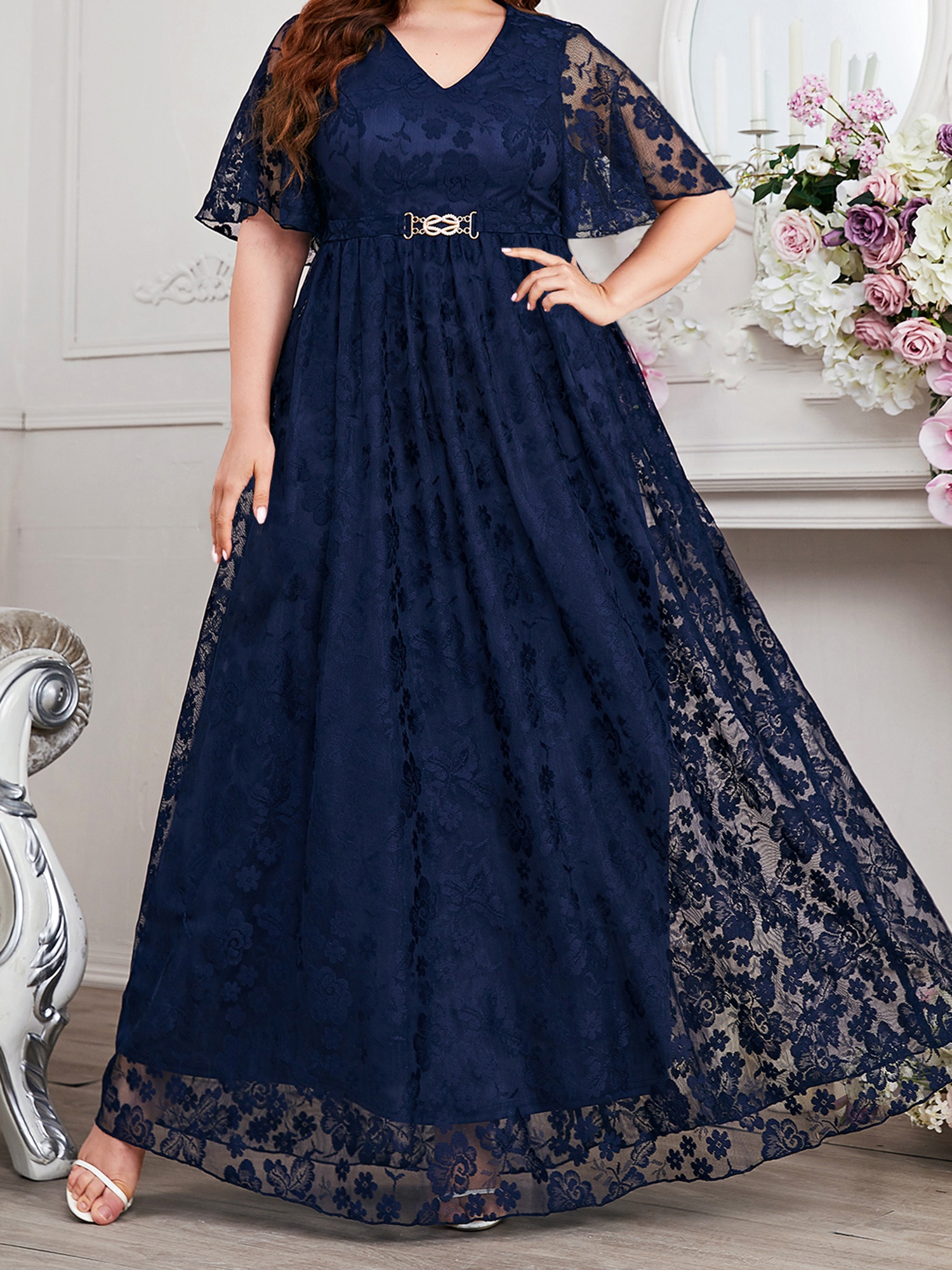 womens floral lace long dress half sleeve v neck plus size - Temu