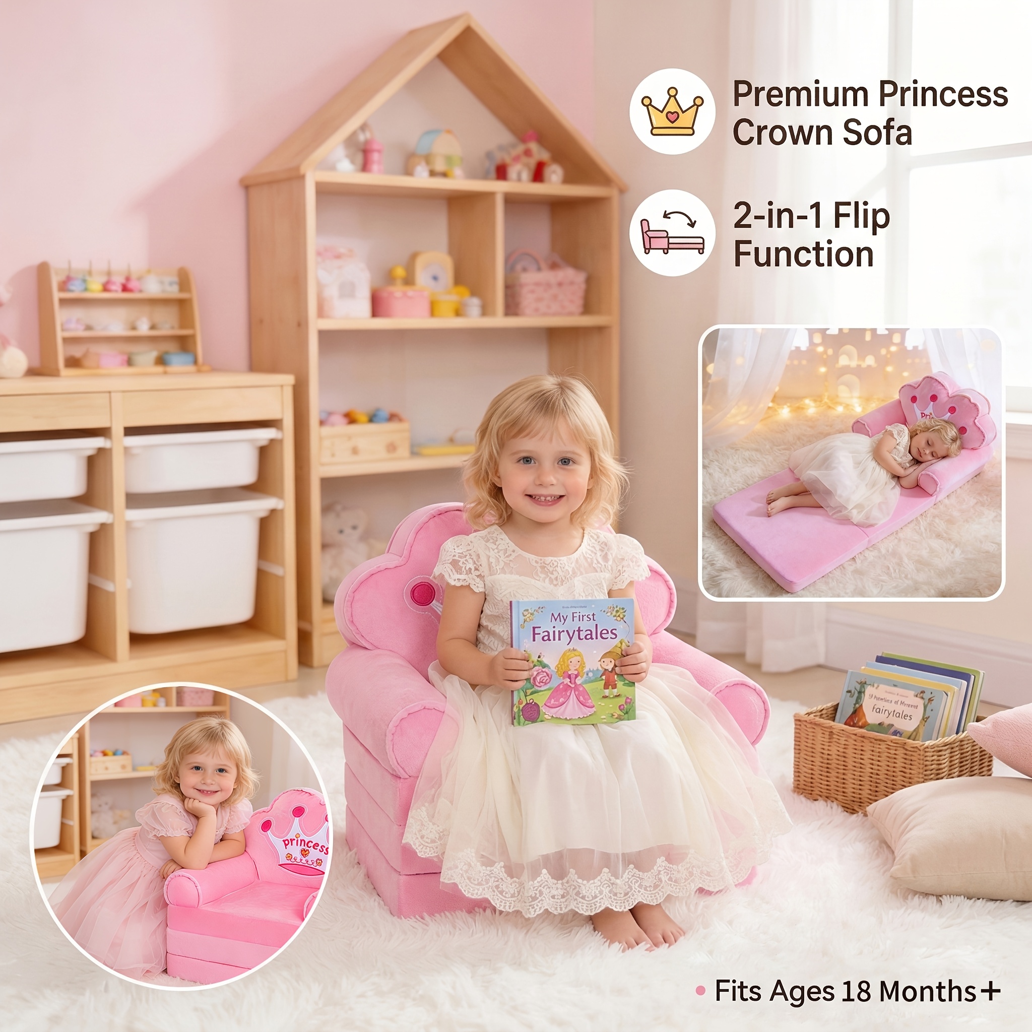 Kids Sofa Princess Crown Pink - 2-in-1 Flip Open Kids Couch & Lounger | Machine Washable Plush Cover & Certified Safe Foam | Dreamy Reading Nook Chair For Girls