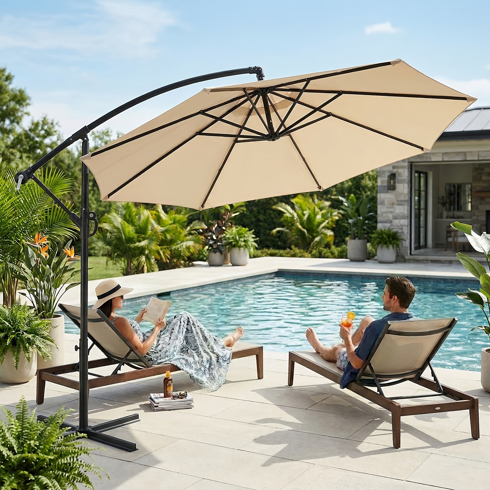 10ft Cantilever Patio Umbrella, Outdoor Garden Furniture with Easy Tilt Adjustment & Hand Crank Lift, UPF50+ UV Protection, Sturdy & Durable, Ideal for Backyard, Poolside, Beach & Patio