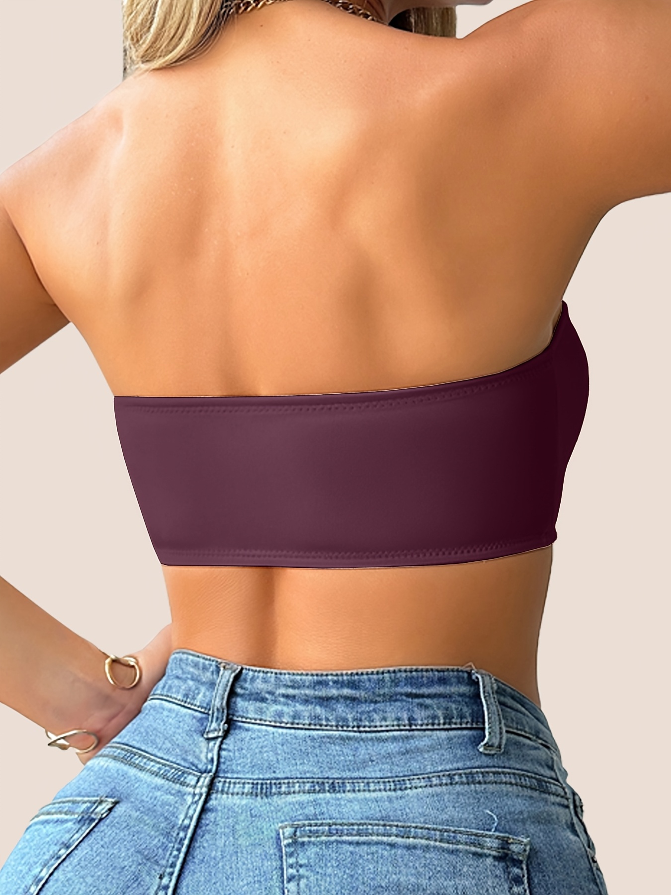 1pc Women's Seamless Bandeau Bra, Polyamide 90% Elastane 10%, Solid Color, Wireless, Front Closure, Removable Pads, Soft Breathable Comfort Fit, Anti-Slip - Spring/Summer Collection, Strapless Bra