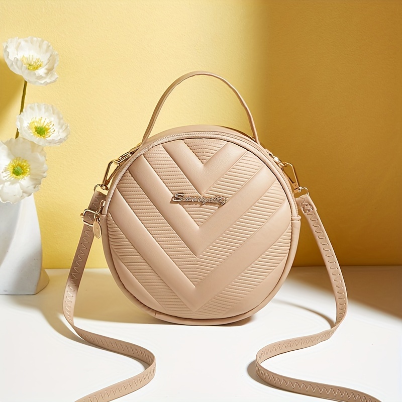 

Women's Fashion Round Crossbody Bag, Casual Shoulder Handbag With V-quilted Pattern, Elegant Small Circle Purse For Daily Essentials, With Detachable Strap