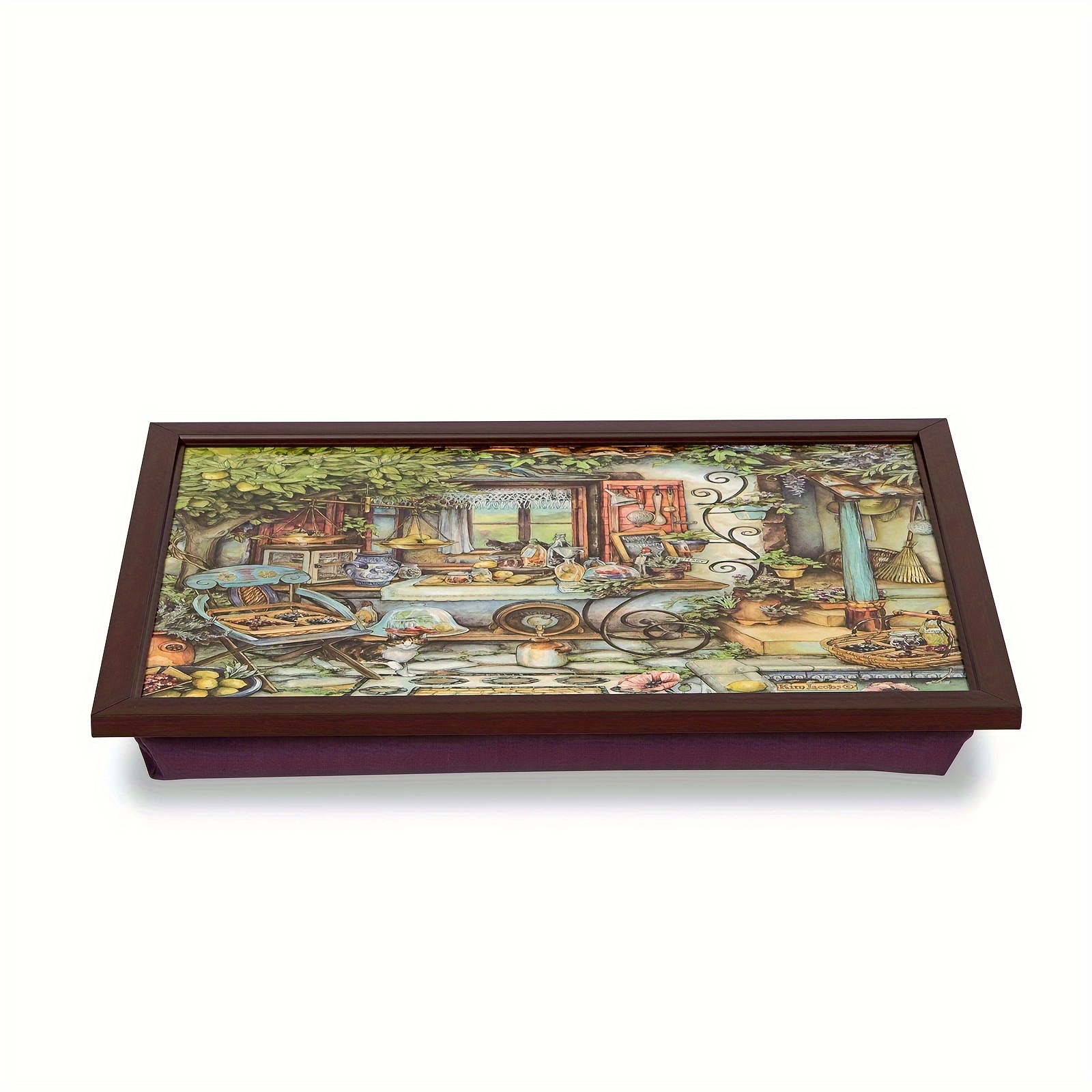 

Plateau en bois pour ordinateur portable avec motif floral pour le petit-déjeuner au lit, plateau de service avec fond rembourré, accessoire pour pour les repas et les divertissements.