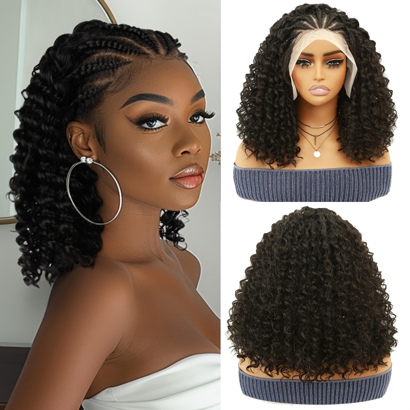 

Elegant Braided Bob Wig For Women - 18 Inch, Handmade Box Braids With Transparent Lace Front, High-density Synthetic Curly Hair