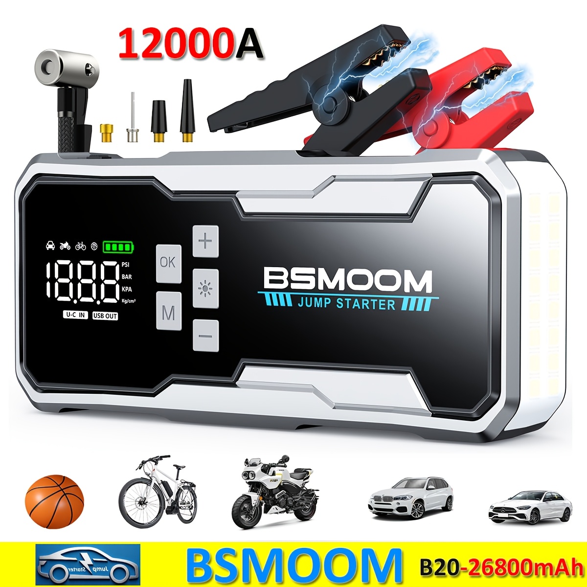 TEMU Car Emergency Starter With Air Compressor, Wireless Tire Inflator, Battery Booster With 21800mah/26800mah Power Bank And Led Flashlight, 12v Car