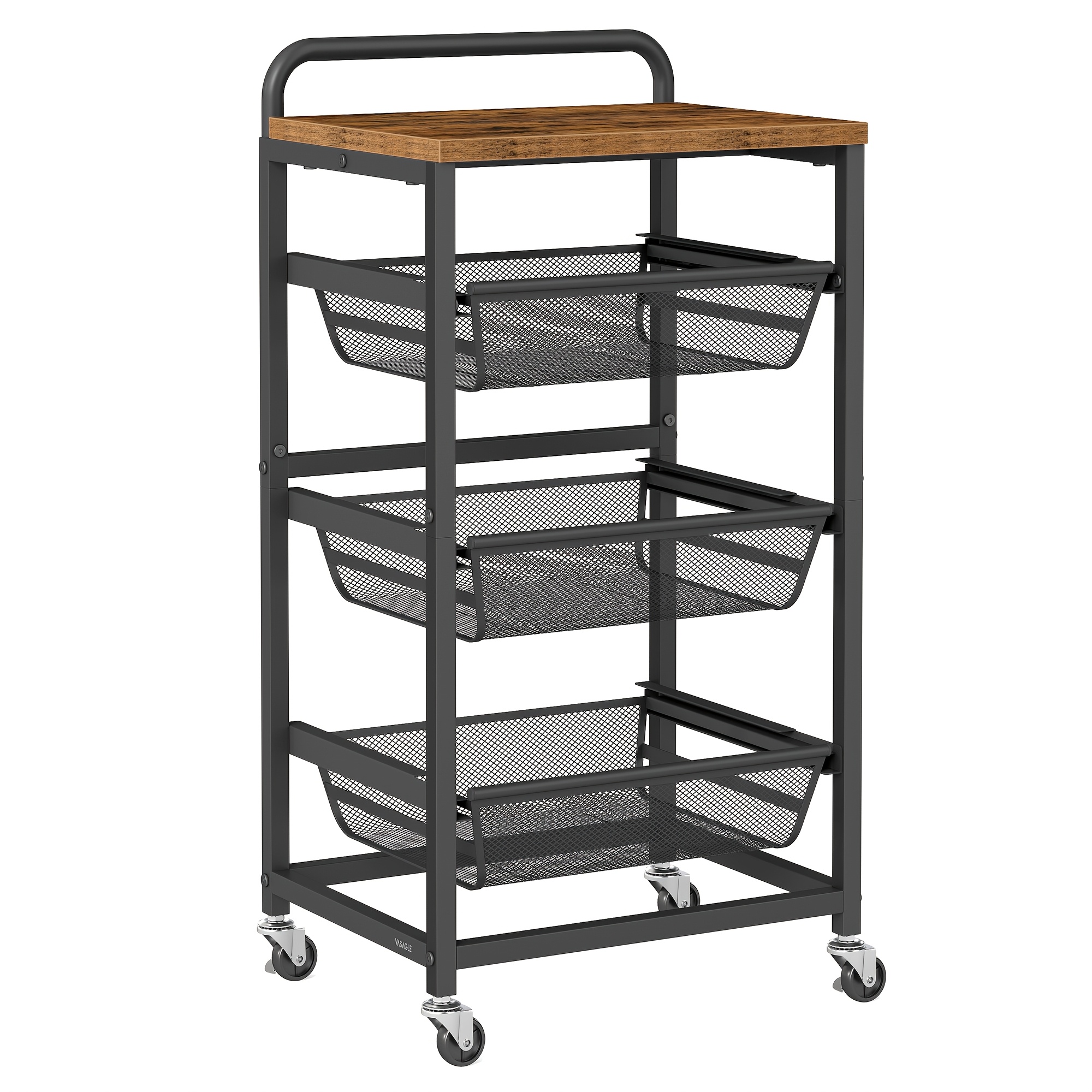 TEMU 4-tier Kitchen Storage Cart With Pull-out Baskets, Rolling Trolley With Wheels, Handle, Oak And White, Black, 31.7 X 40 X 76 Cm