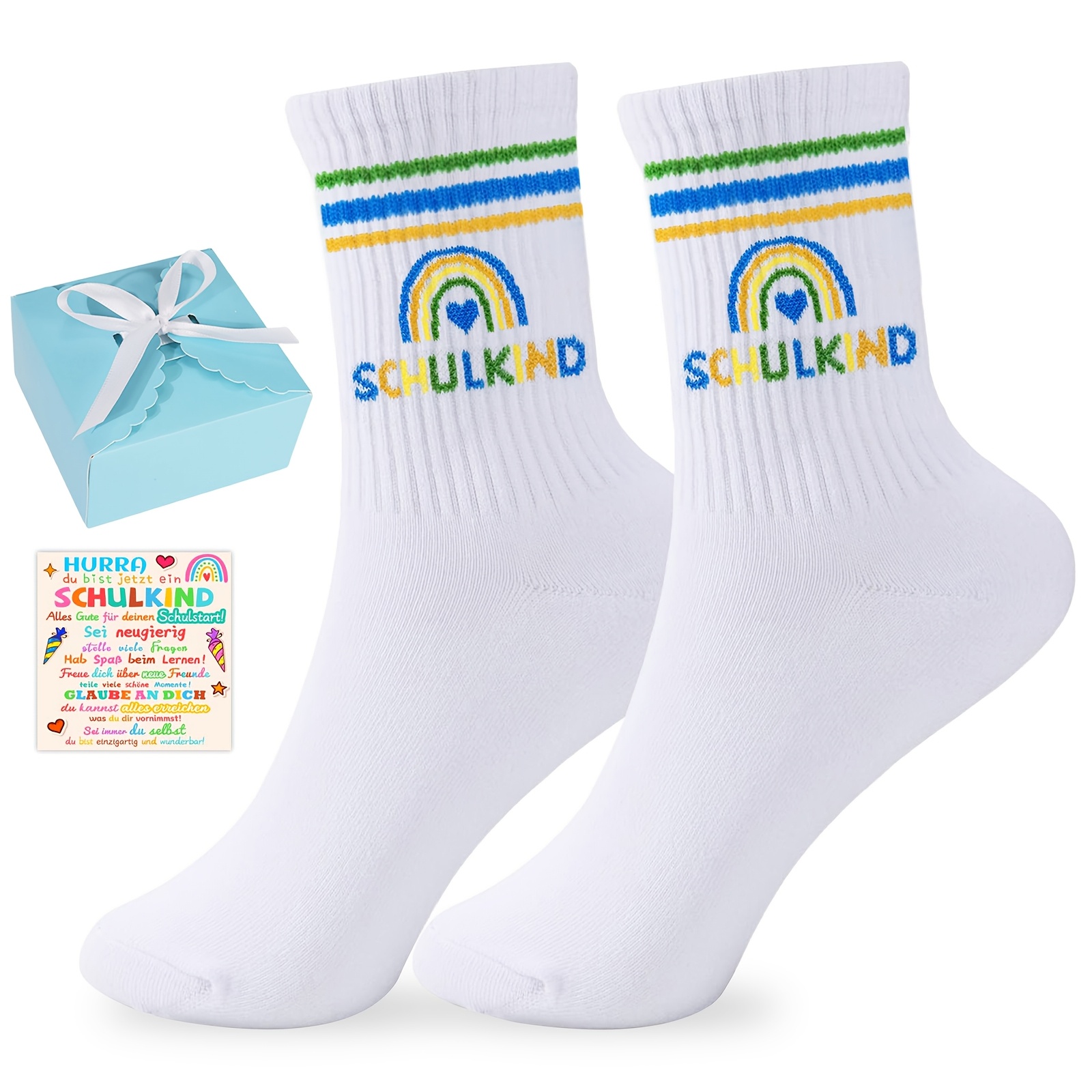 Image of Gift For Her/him 3pcs Filling Set Party Packs, 1 Pair Rainbow Design Mid-calf Socks 1pc Card 1pc Gift Box 2026 First Day Of School Gift For Adult Back-to-school Gift