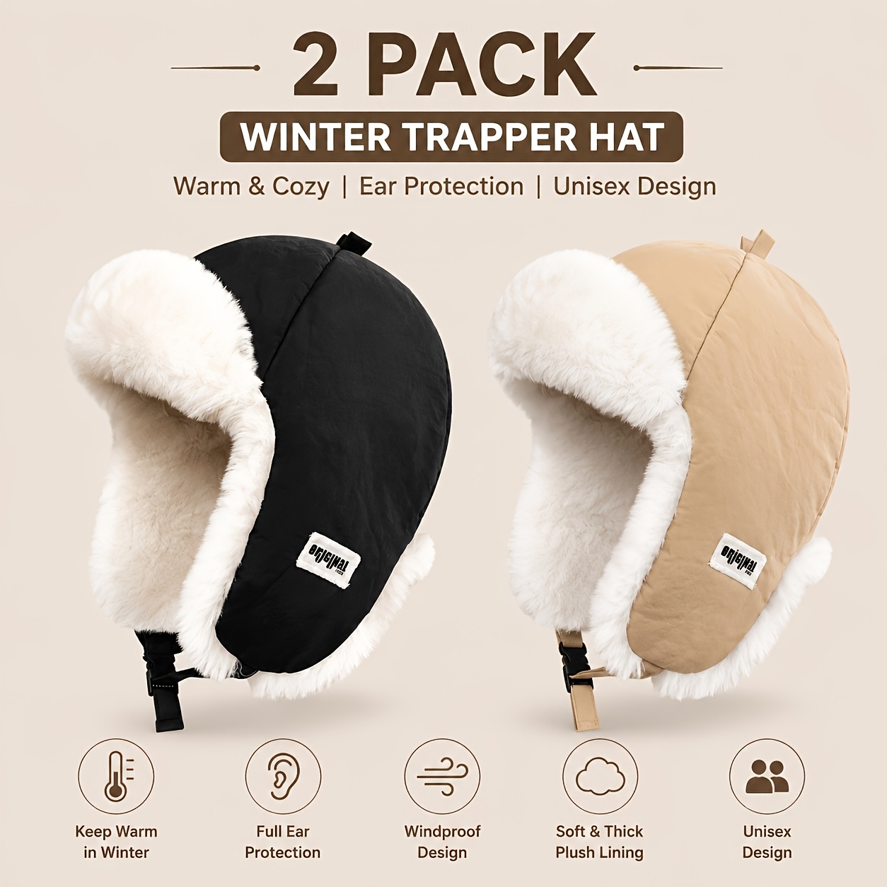 Unisex Winter Trapper Hat, Thick Windproof Pilot Ushanka Hat