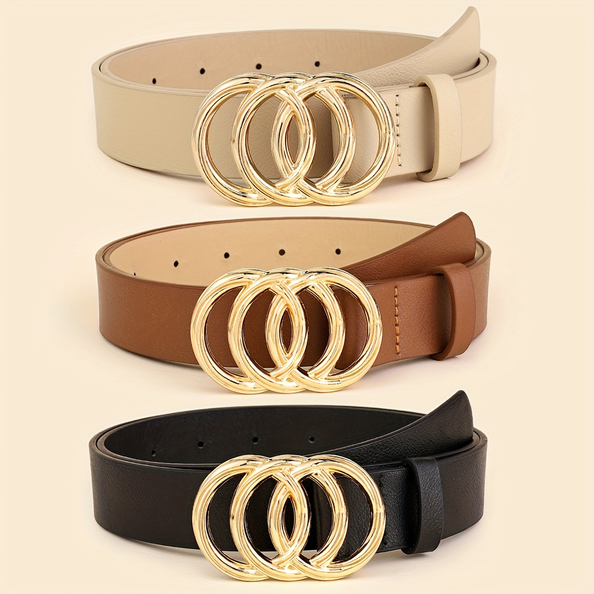 TEMU 3-pack Women's Belts, Golden Three-ring And Dress Belts For Casual Or Sporty Outfits, Pu Belts