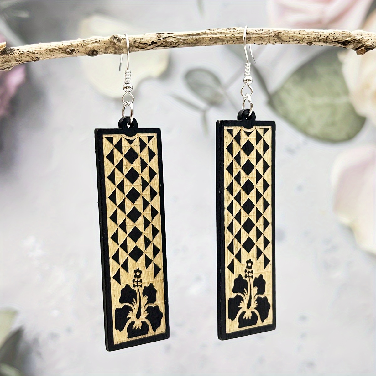 Boho Wooden Earrings Set, Vacation Style Long Carved Exaggerated Earrings