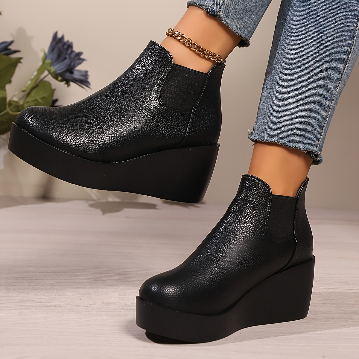 TEMU Spring And Autumn Versatile Platform Wedge Ankle Boots For Women, Commuter Height-increasing Platform Wedge Ankle Boots, Women Shoes