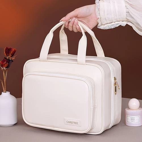 large capacity travel toiletry bag with wet dry compartments dual inner compartments lightweight cosmetic organizer with hanging zipper closure fixed shoulder strap for travel commuting daily use commuting essentials bag lightweight design