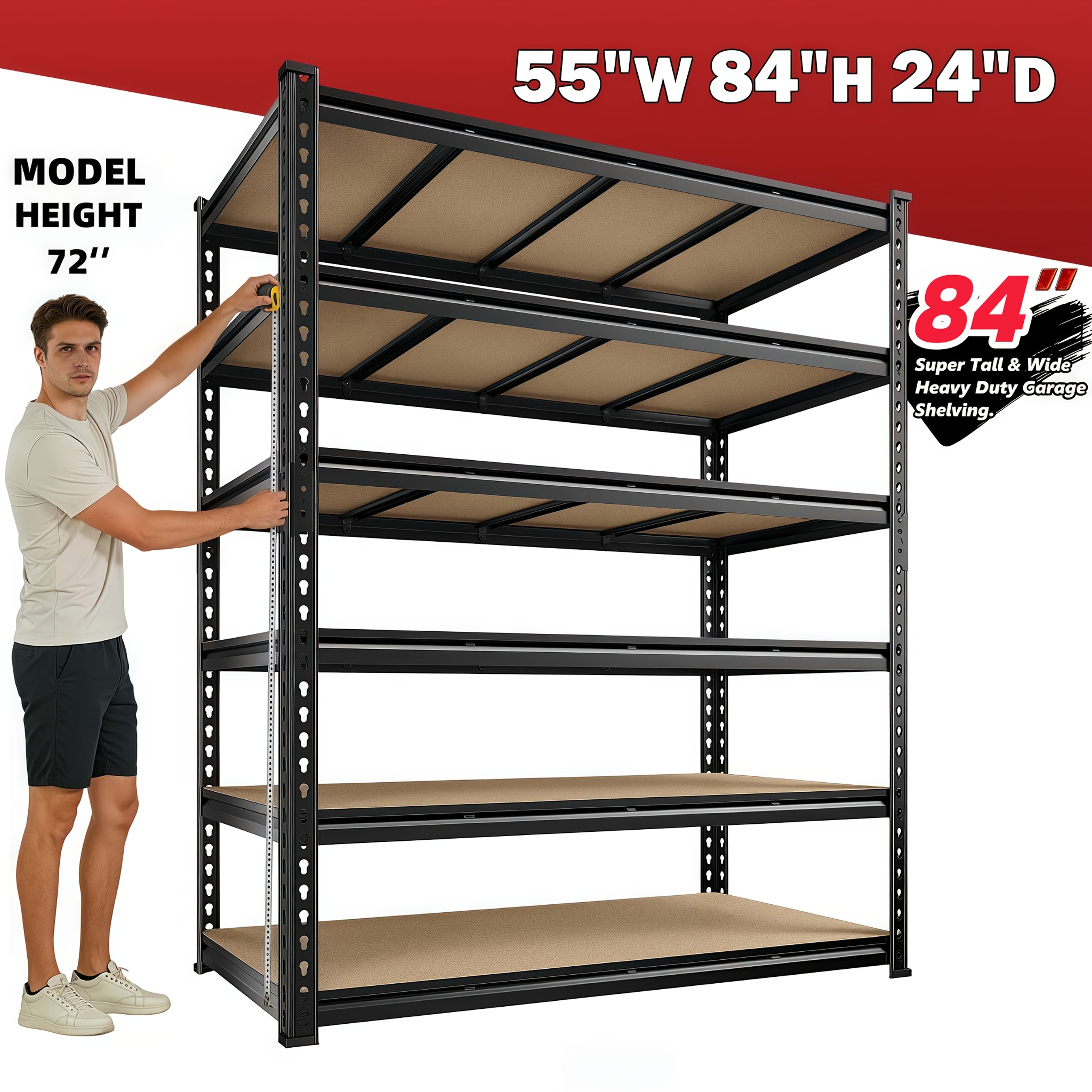 55-Inch Wide Storage Racks, Capable of Holding 3060 Pounds, Featuring Six Levels of Heavy-Duty Shelving. This Adjustable Metal Shelving Unit Is Suitable for Garages, Warehouses, Pantries, And Kitchens, with Dimensions of 55 Inches in Width