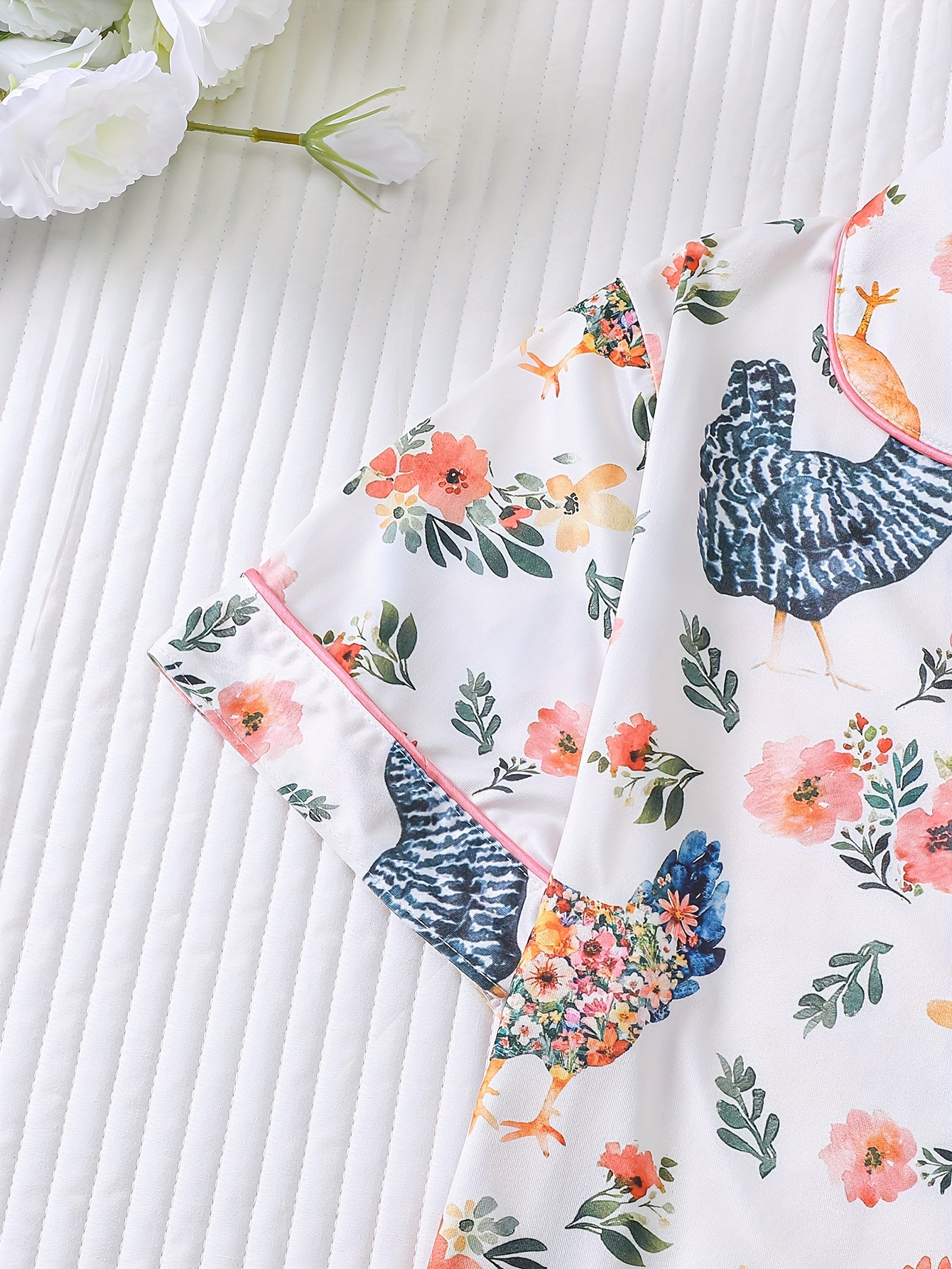 two piece womens elegant polyester white pajama set chicken print fabric     short sleeved button top with collar and matching shorts all   and pocket details   adults pajama sets Product details 3