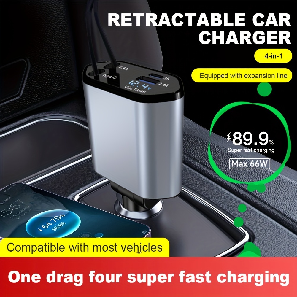 

Fast Charger For Car With 100w 4 In 1 Retractable Phone Charger And Cables For Ios And Type C Device
