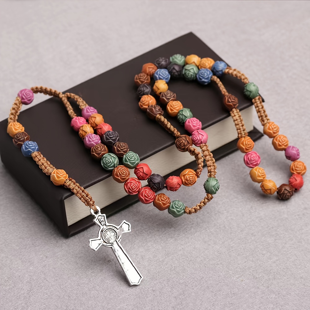 

1pc, Rose Cross Middle East Prayer Beads Colorful Necklace God Beads Teaching Prayer Beads Praise Beads Jewelry Hand String Bracelet