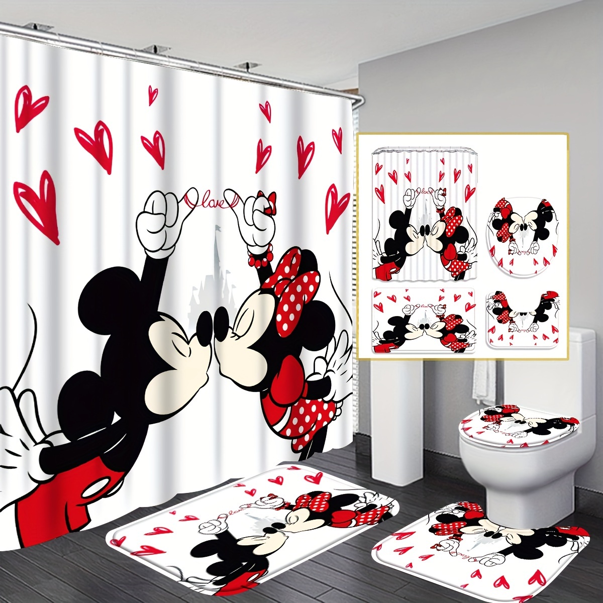 

1/4pcs Mickey & Pattern Shower Curtain Set, Bathroom Full Set Including Waterproof Shower Curtain, Non-slip Mat, Toilet Lid Pad, U-shaped Bath Mat, Decorative Bathroom Accessories