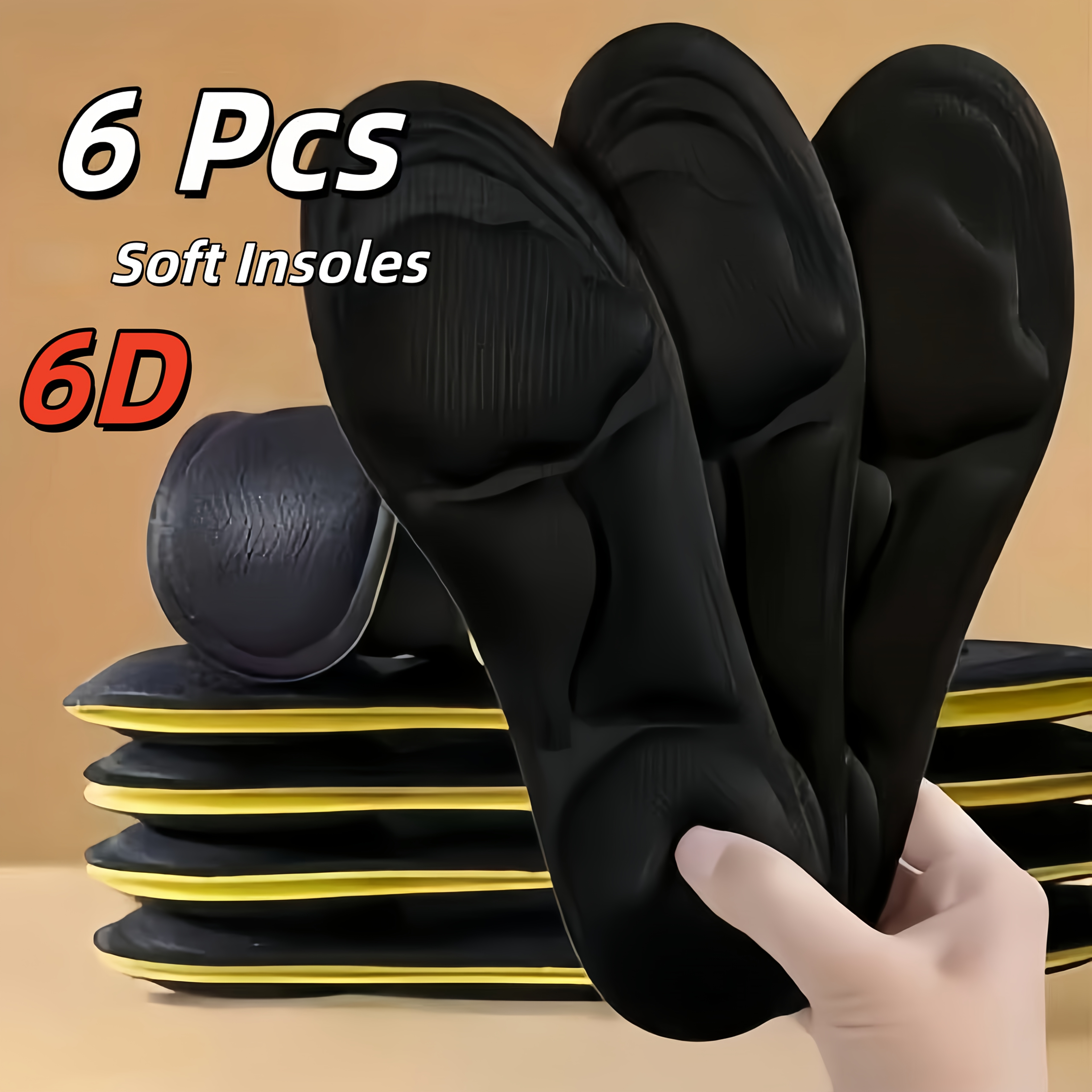 TEMU 3 paires/6 pièces de semelles intérieures souples 6D pour chaussures, semelles de chaussures confortables en mousse à mémoire de pour hommes et