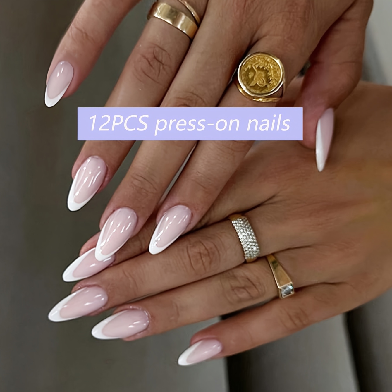 TEMU 12-delige set geavanceerde amandelwitte nepnagels met - en helder oppervlakontwerp, geavanceerde eenvoudige modieuze stijl nailart - 1 nagelvijl