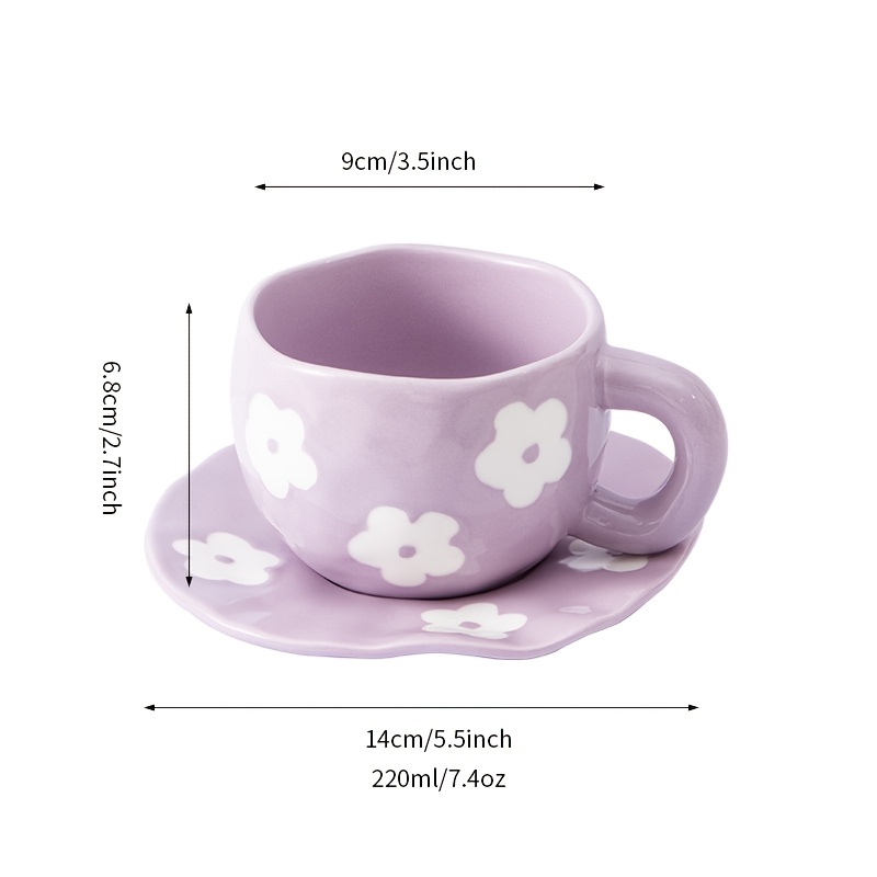 1set Hand- Irregular Flower Cup And Saucer Set, Cute Hand-painted Ceramic Purple Flower Cup, Women's Drinking Cup Suitable For Coffee Tea, Gift For Lovers And Mothers 220ml/7.4oz