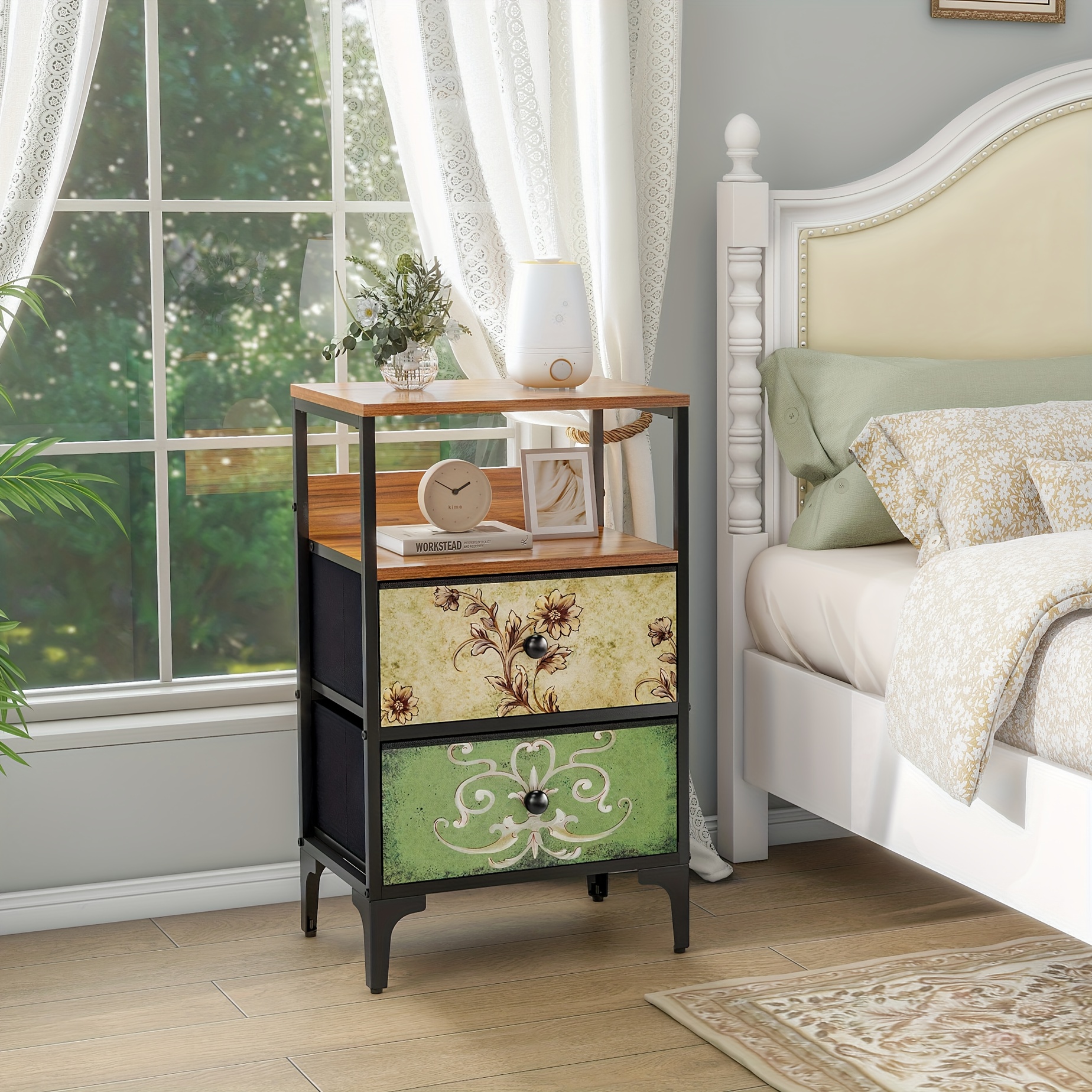 Nightstand Set of 2, Night Stand with Fabric Drawer, Mesh Shelf, Side Table with Storage, Fabric Drawer Dresser, Open Shelf, Metal Frame, Bedroom