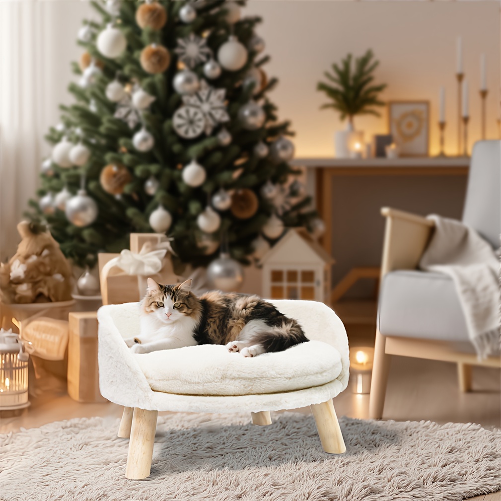 TEMU Fluffy Pet Elevated Bed Small Raised Bed Sofa Stool Pet Sleeping Curling Chair With Soft Removable Cushion 40cm, Pet Furniture, Cozy Pet