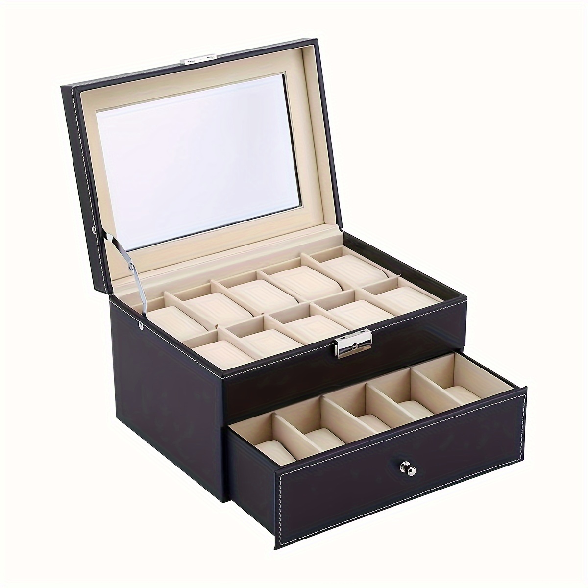Image of 20 Slots Watch Box Organizer 20 Men's Display Storage Case Metal Hinge Black Faux Leather Glass Top Large Holder