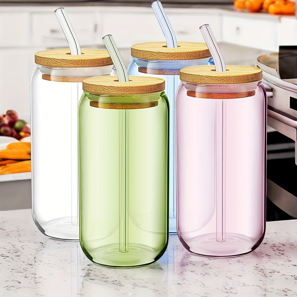 6/4pcs glass set, 16oz coffee mug with lid & straw, mason jar mug, , glass  with bamboo lid, cute mug, reusable, holiday gifts, souvenirs, bbq drinking  mugs | Check Out Today's Deals