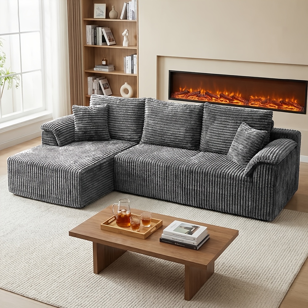 Deep Seat Corduroy Couch, High Density Foam Sectional Sofa No Sagging, Pet Friendly A Box Easy Assembly For Apartment