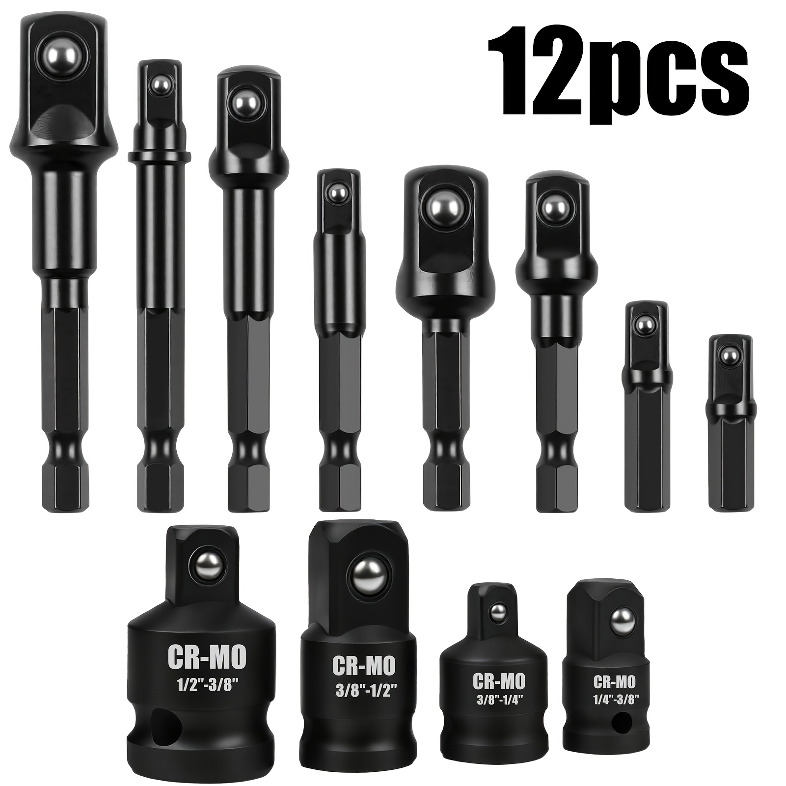 set of 12 impact socket adapters and reducers designed to extend the functionality of a power drill into a high   driver including sizes 1 4 3 8 and 1 2