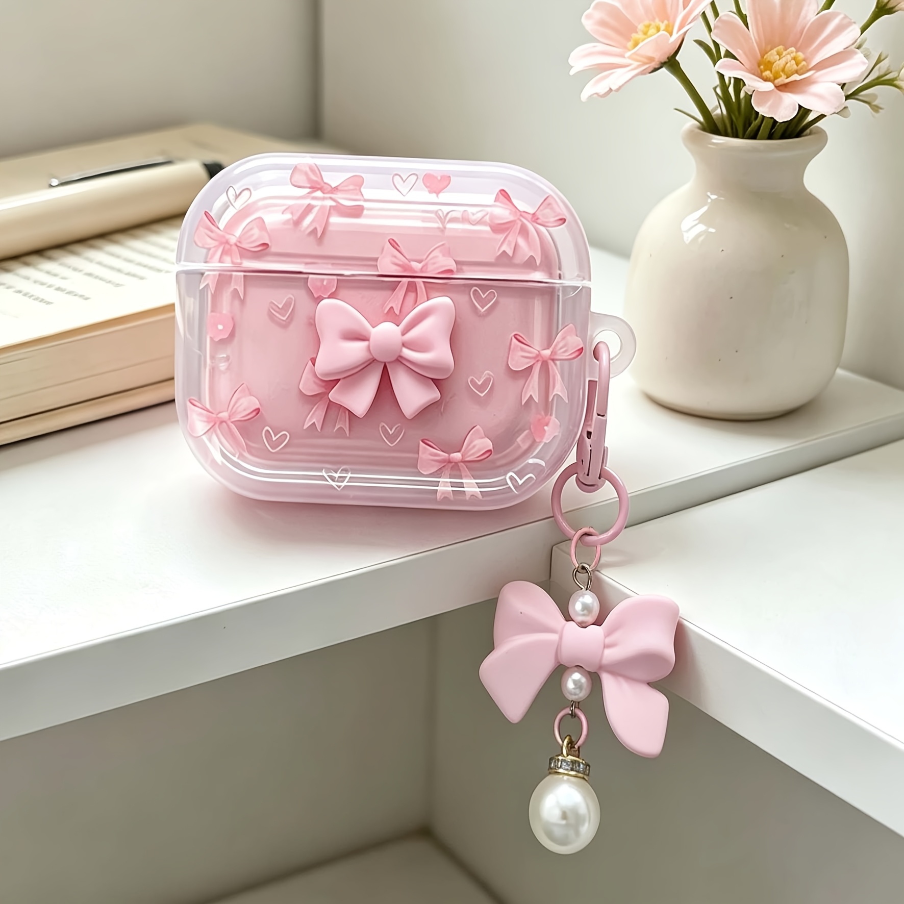 TEMU For With Pink Bow & Cover - Hard Case Suitable For Airpods Wireless Earbuds, Scratch-resistant Drop-proof Protective Cover, Case Compatible For