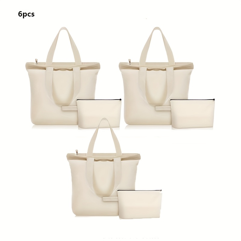 Image of 2/6/12/20pcs Tote Bags With Zipper Closure - Light Beige Reusable Grocery & Makeup Pouches, Blank Unlined Casual For Women, Wedding Gift, Beach, Diy Crafts (durable Handles, Spacious), Bags