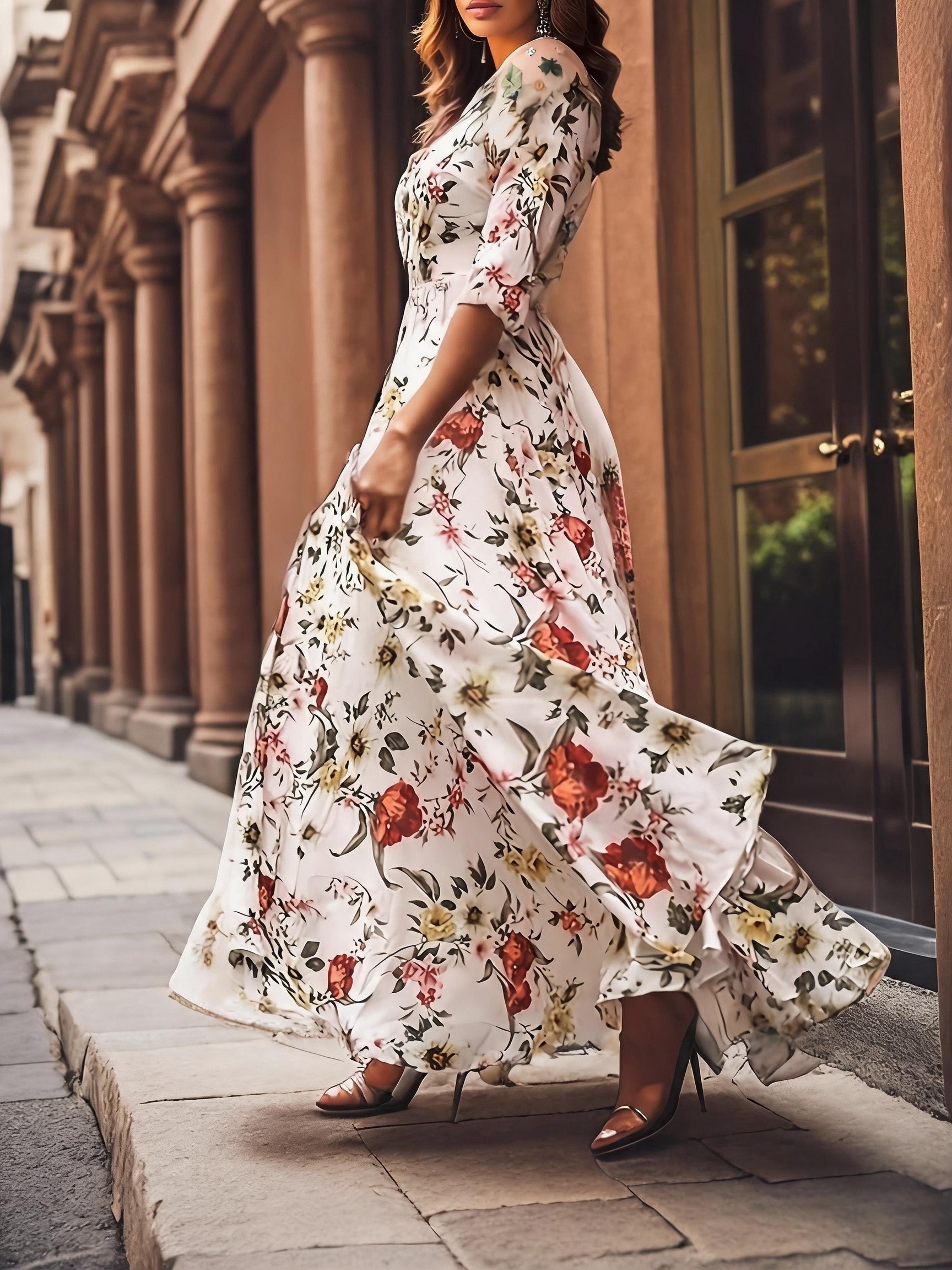womens swing dress maxi long dress 3 4 length sleeve floral