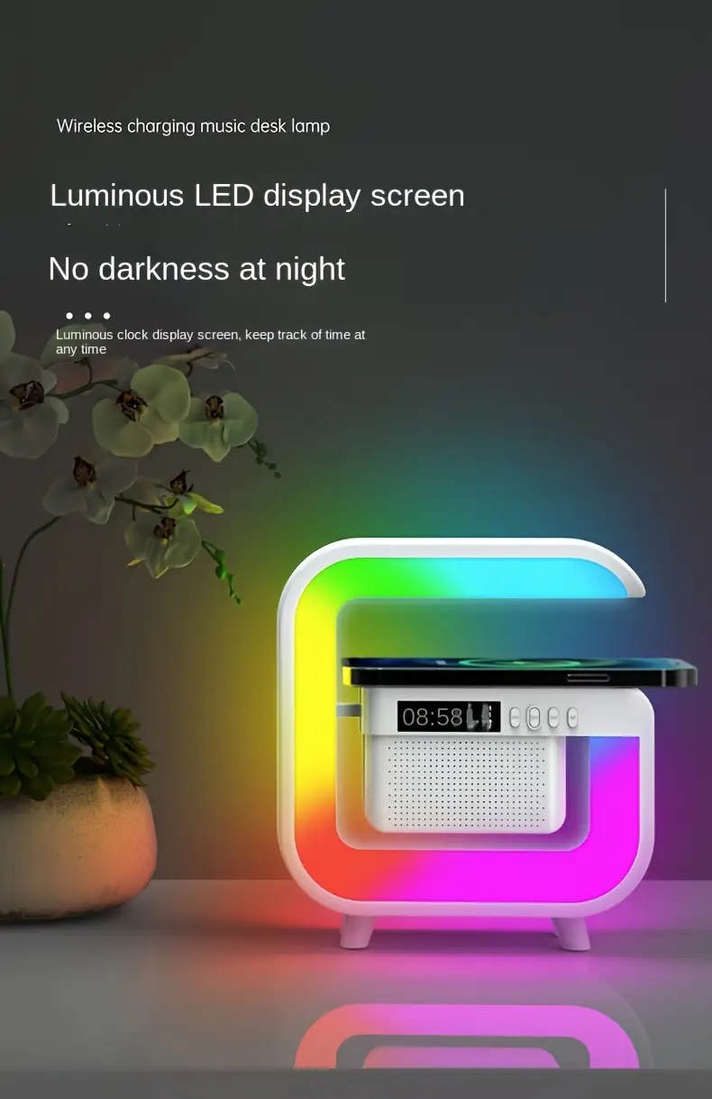 compact wireless charging pad with speaker tf card slot rgb night light alarm clock and fast charging capabilities for devices like iphone samsung and xiaomi details 2